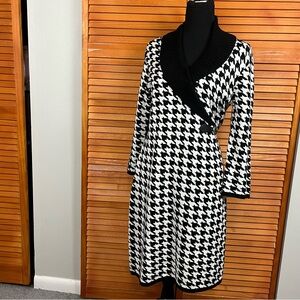 Calvin Klein Black & White Houndstooth Long Sleeve Wrap-Style Dress